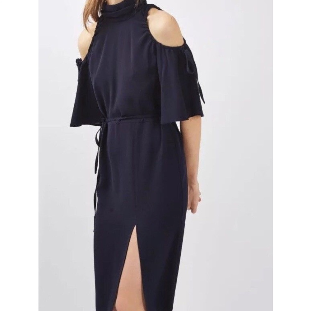 Top Shop navy high neck, cold shoulder dress
